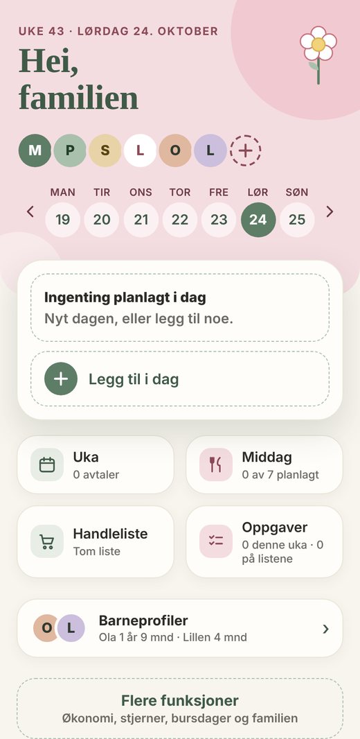 Forsiden i Familieuka med ukedager, dagens avtaler og snarveier